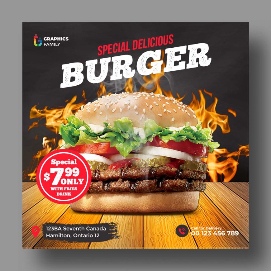 Burger Restaurant Social Media Banner Design or Instagram Post Template