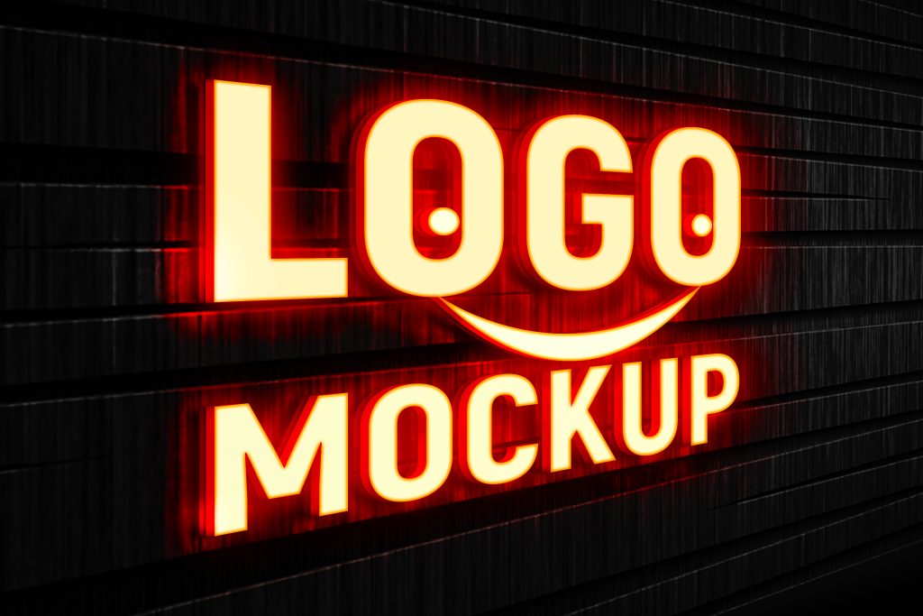 3D Light Effect Logo Mockup on Dark Wall GraphicsFamily