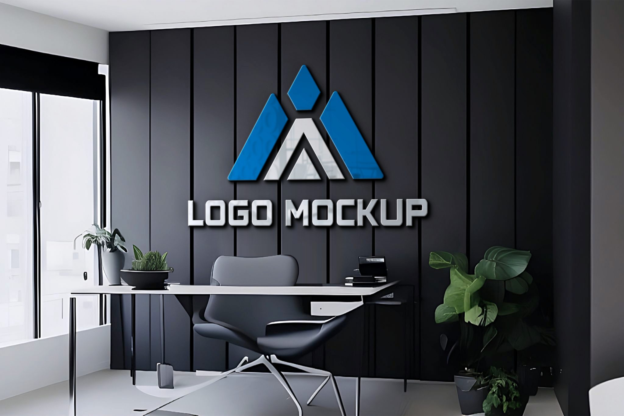 3D logo mockup on black wall office room GraphicsFamily