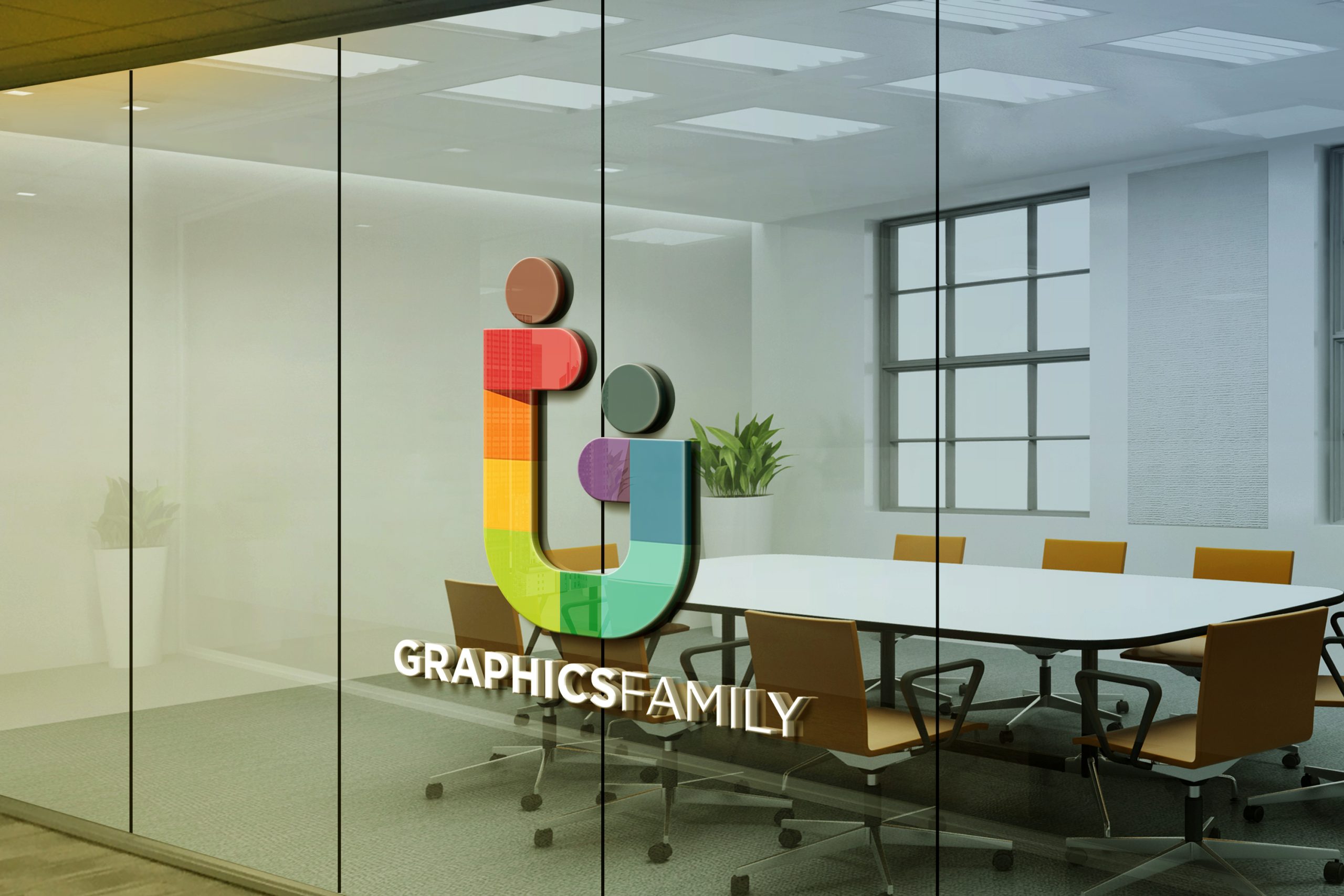 3D realistic logo mockup on office meeting room glass wall 1