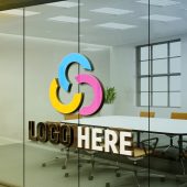 3D Realistic logo mockup on office meeting room glass wall