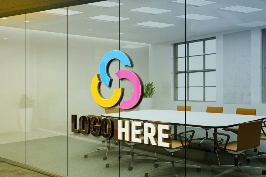 3D realistic logo mockup on office meeting room glass wall