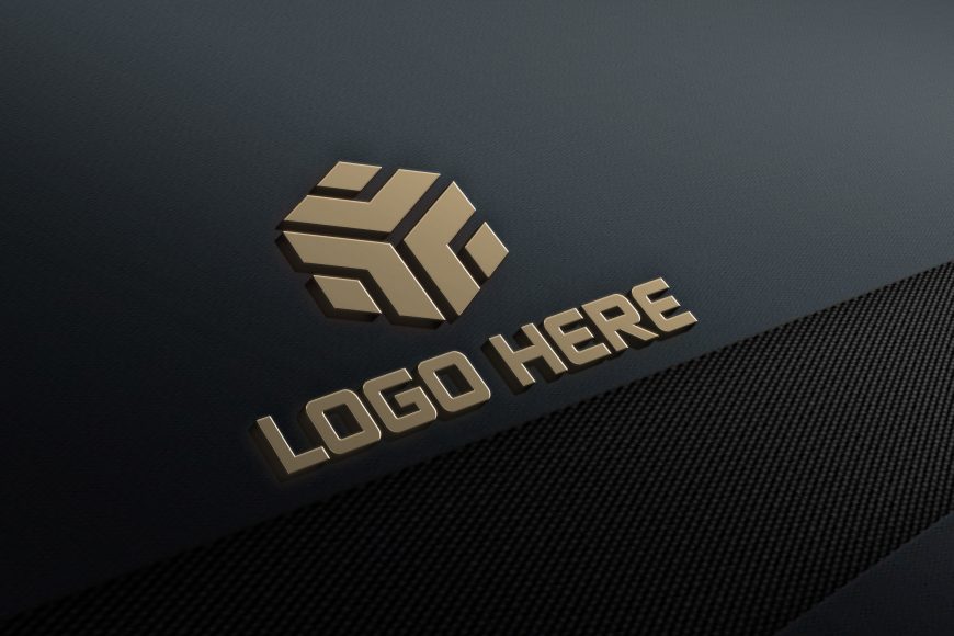 Realistic 3D gold effects logo mockup on carbon fabric