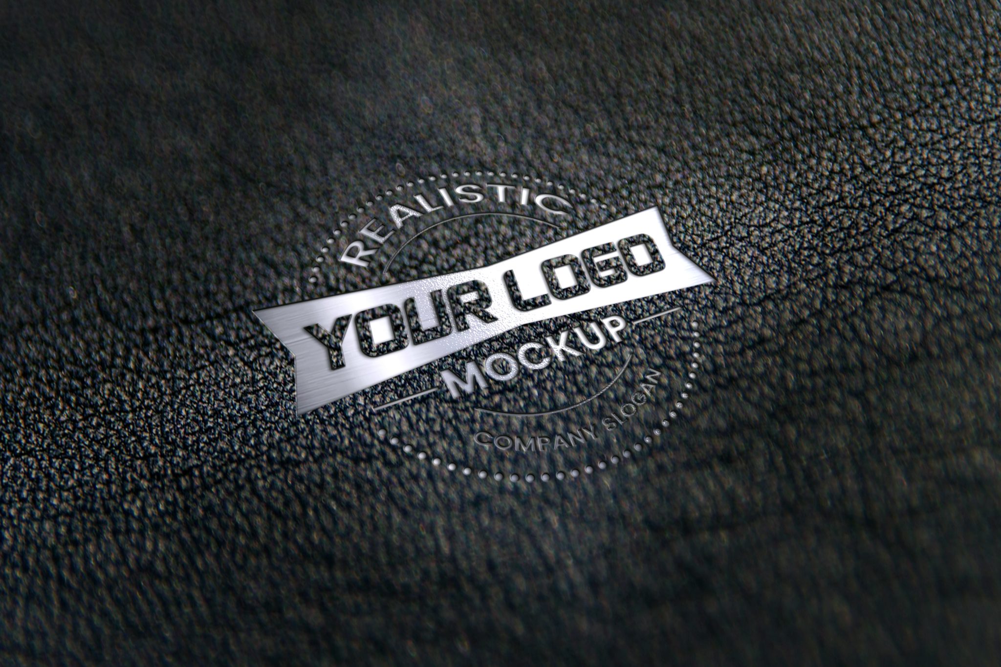 Realistic silver logo mockup on black leather – GraphicsFamily