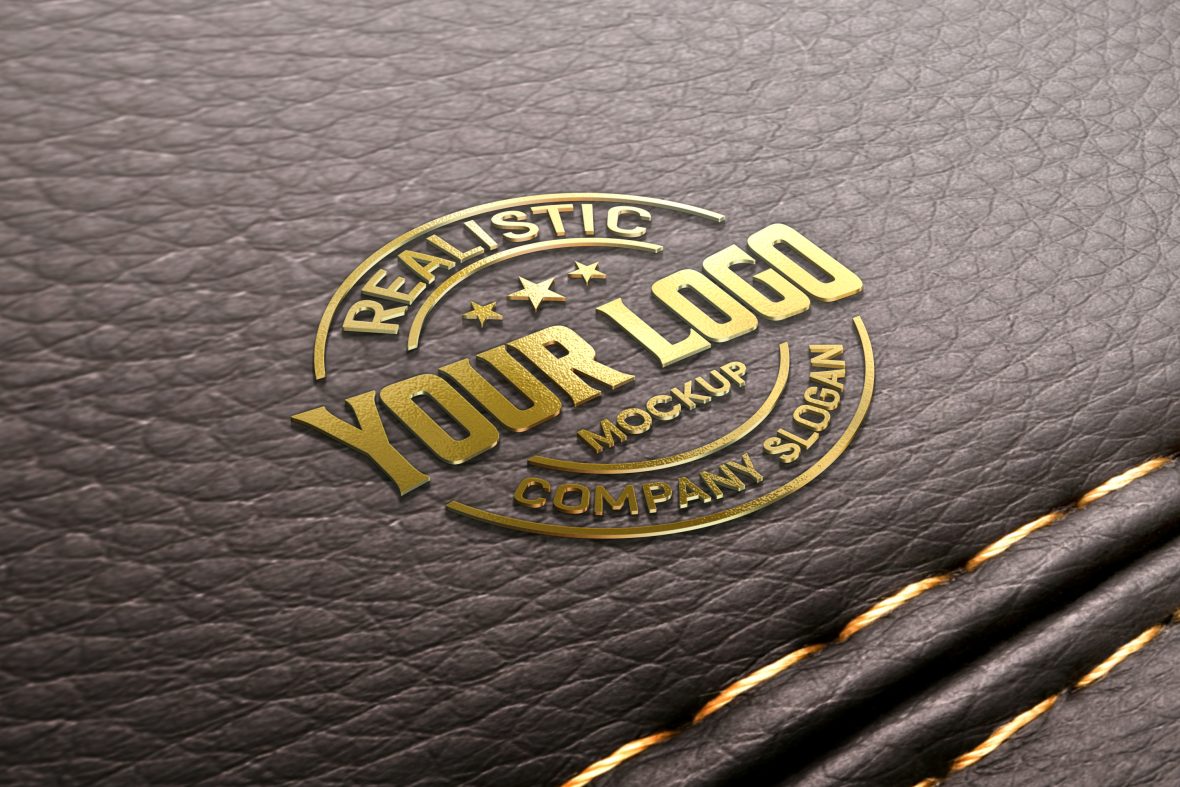Golden Logo Mockup on Black Leather Cushion by GraphicsFamily