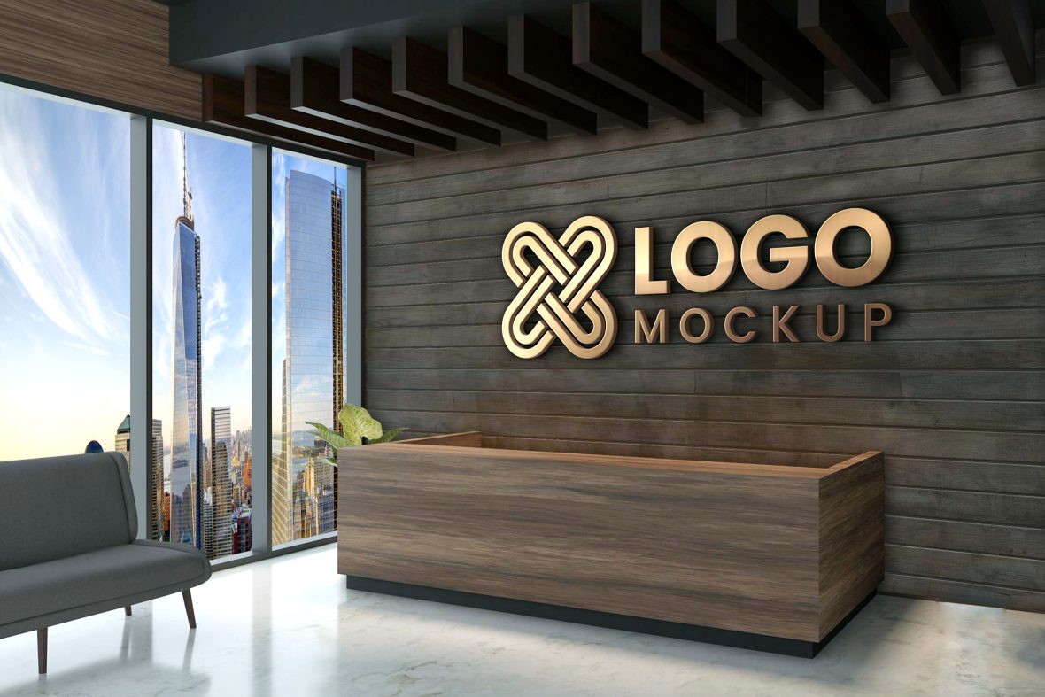 3D Logo Mockup On Office Reception Wall