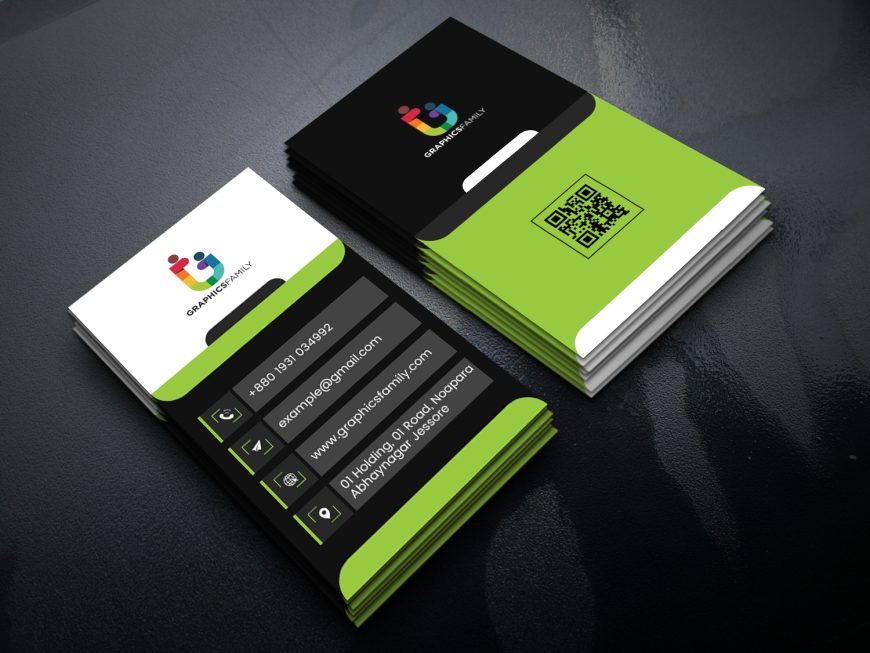 Free Vertical Visiting Card Design with Green , Black and White