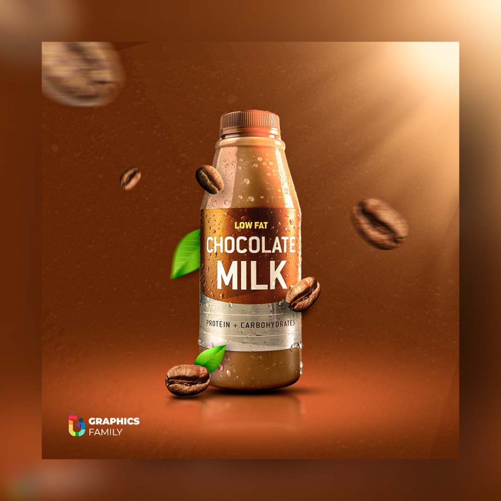 Fresh chocolate milk in a glass bottle with a label mockup design