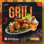 Grill, fast-food, restaurant social media post template design