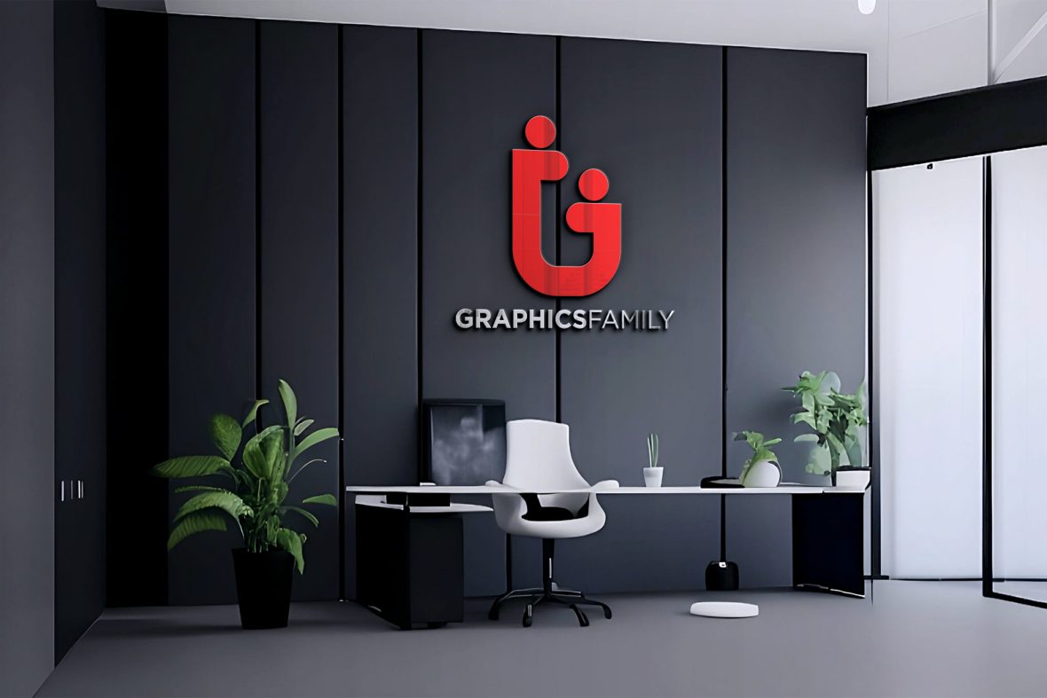 3D logo mockup on office room black wall – GraphicsFamily