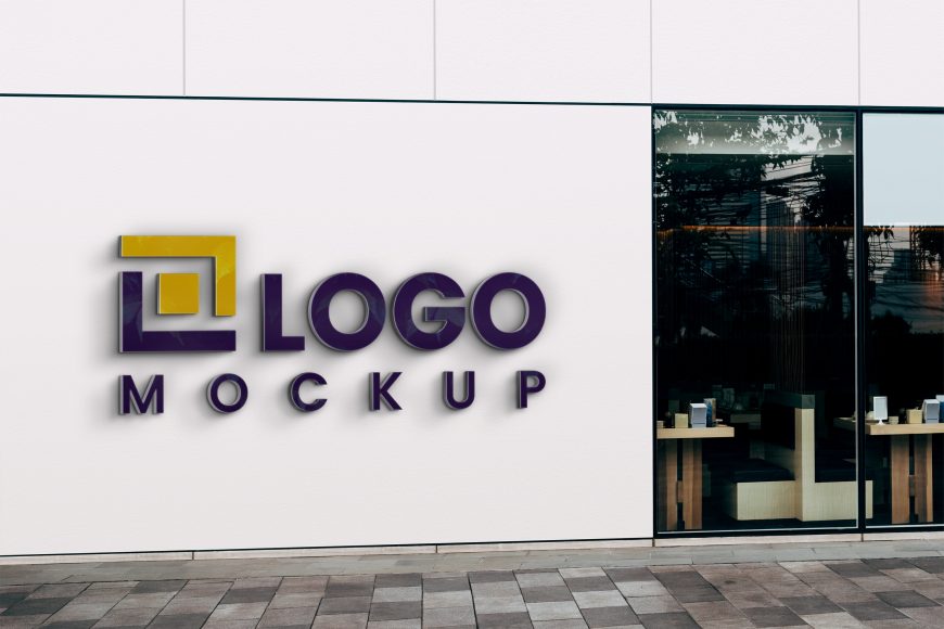3D glass effect logo mockup on Company outside wall
