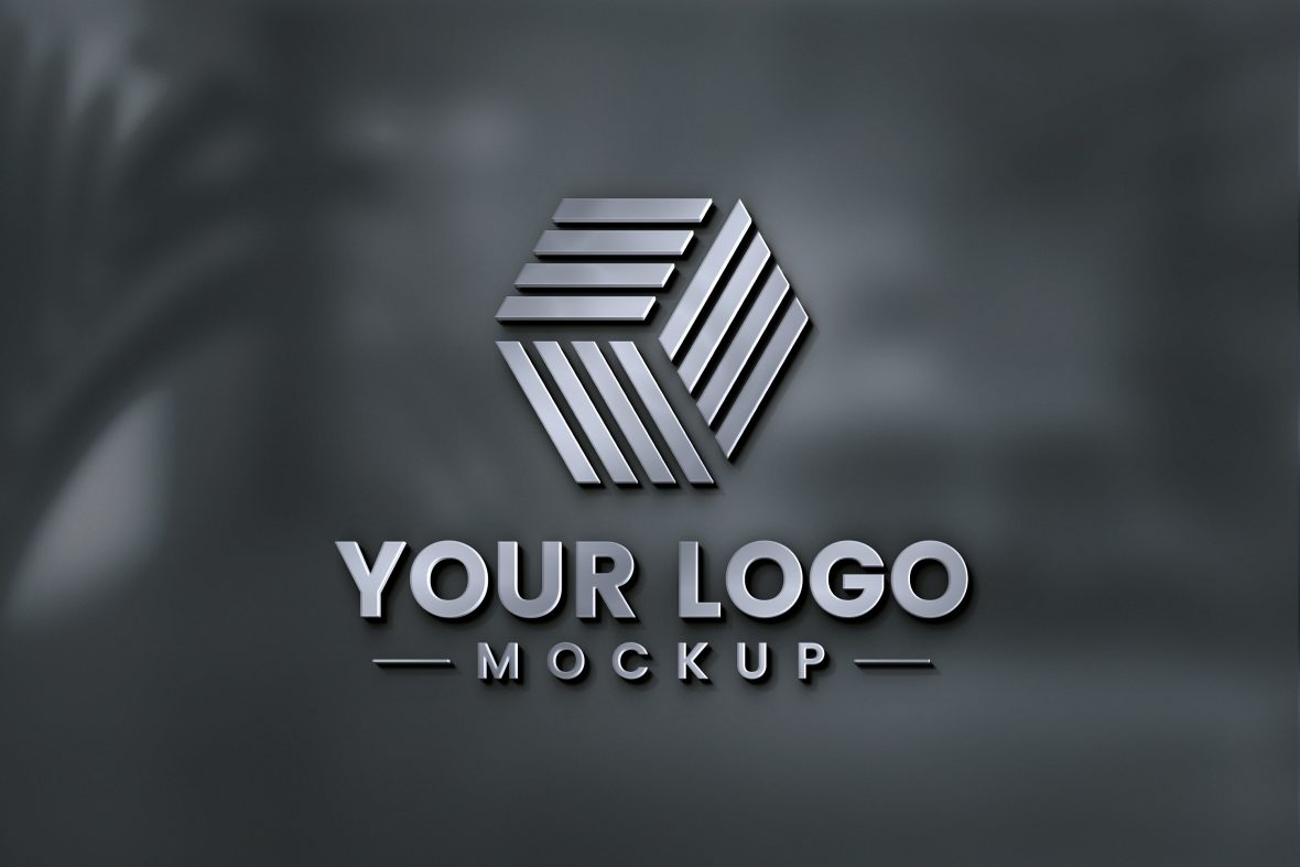 Metal Finish 3D Logo Mockup On Dark Glass Wall by GraphicsFamily