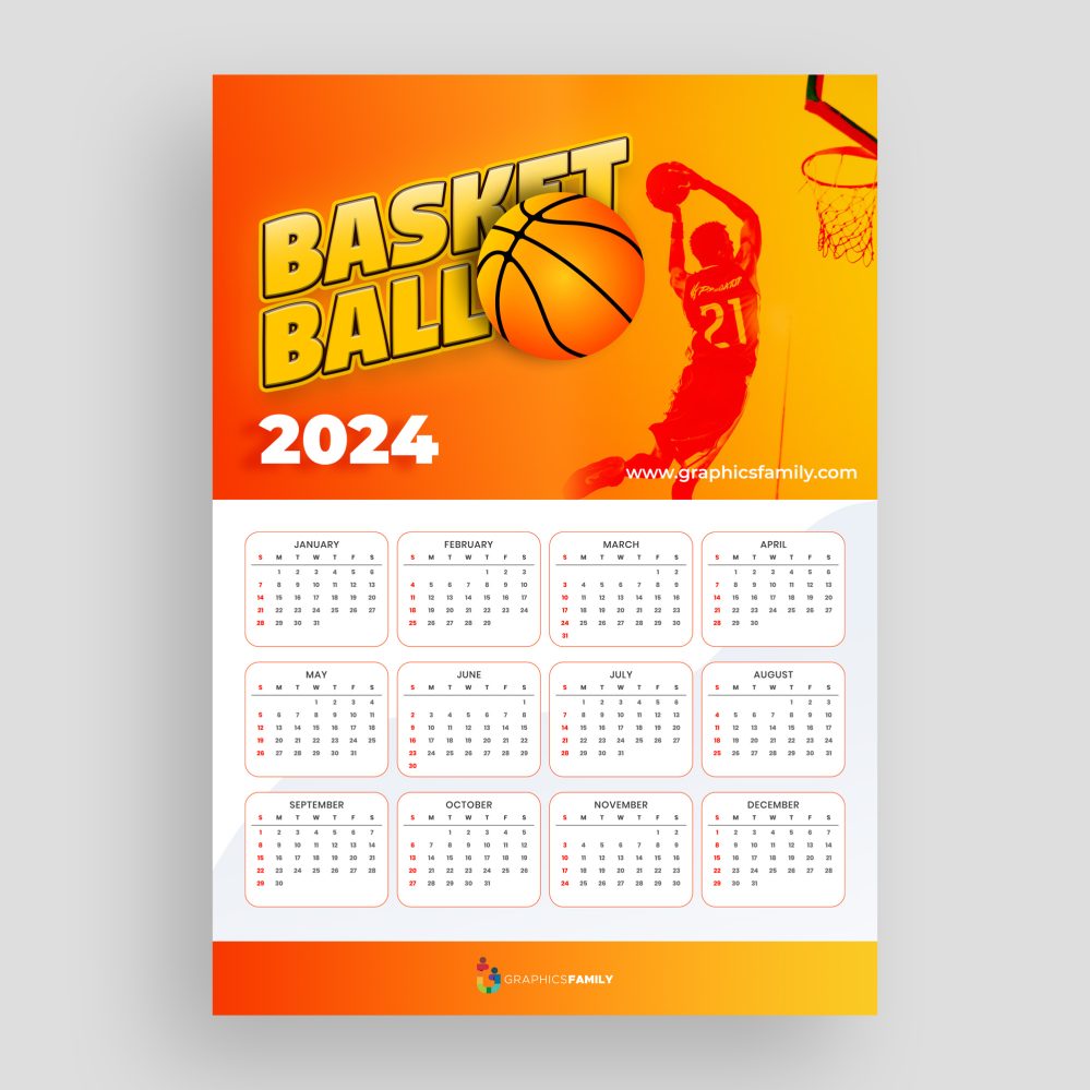 2024 Basketball sport wall vertical calendar PSD image