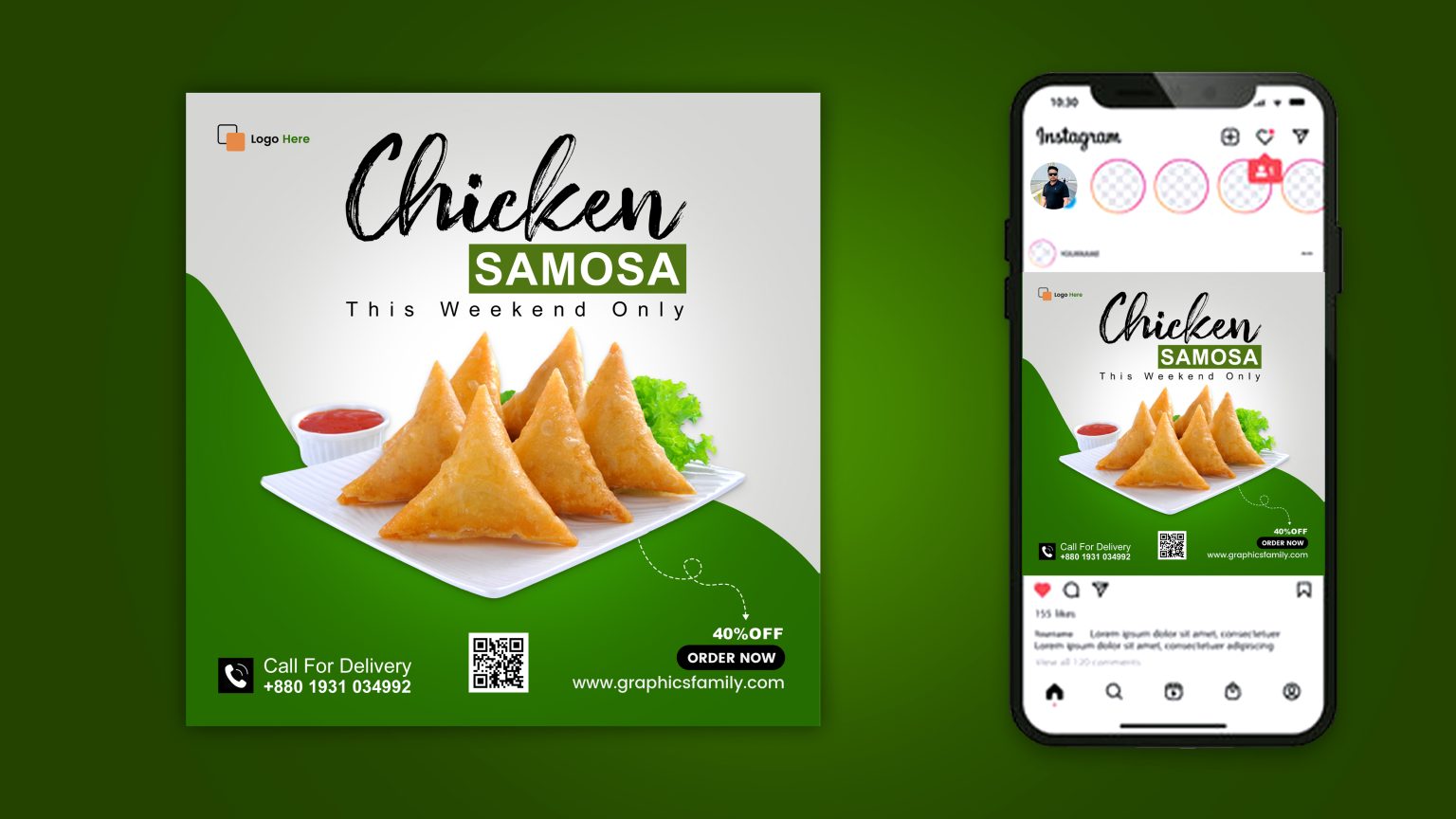White and Green Restaurant Food Social Media Post Design GraphicsFamily