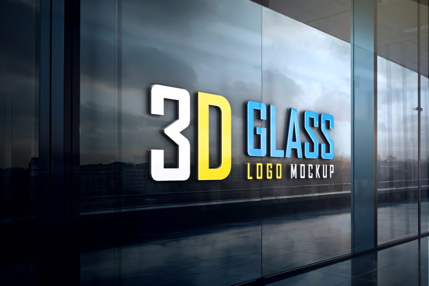 Free PSD Glass Wall 3D Logo Mockup