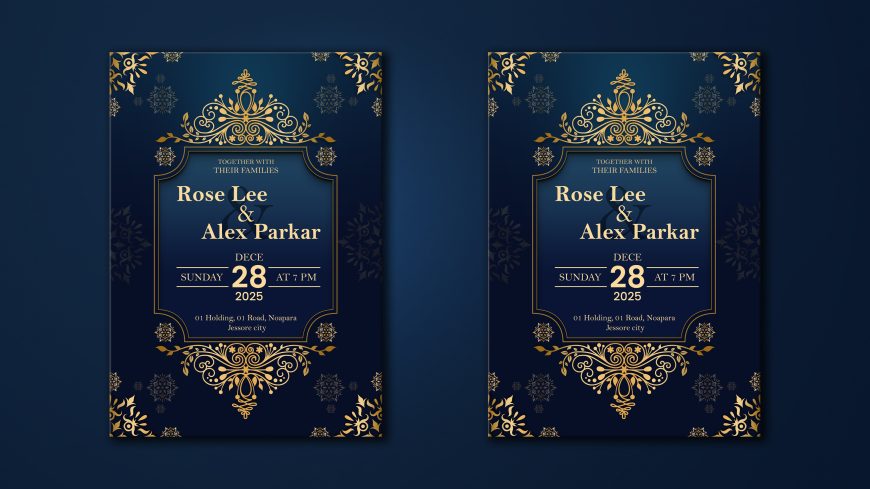 Wedding Invitation Card With Gold Floral Background Templates PSD