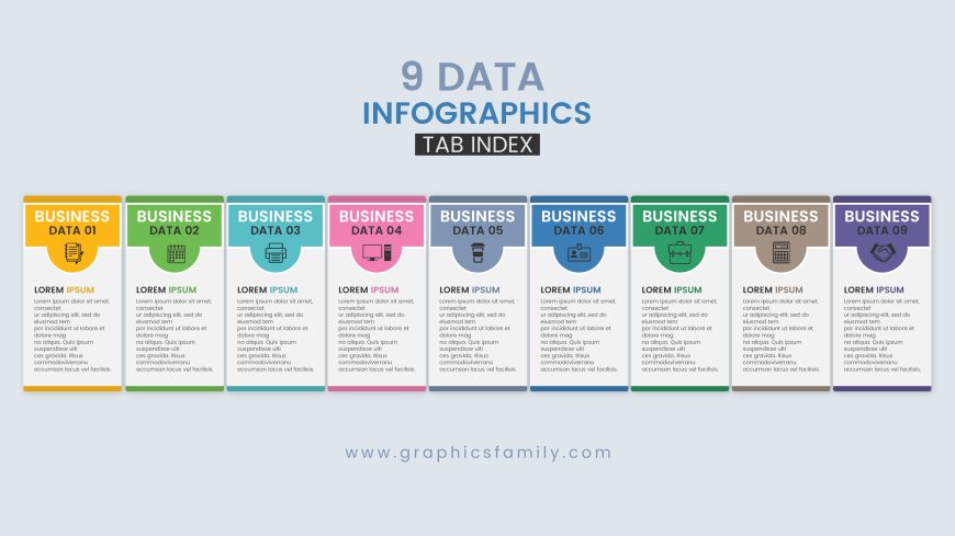 9 data infographics tab index template with thin vector image