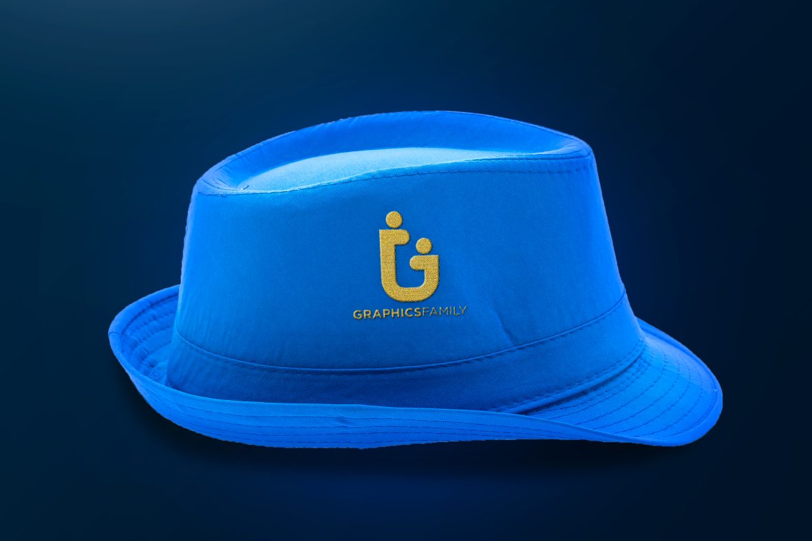 Golden Logo Mockup on Blue Hat by GraphicsFamily