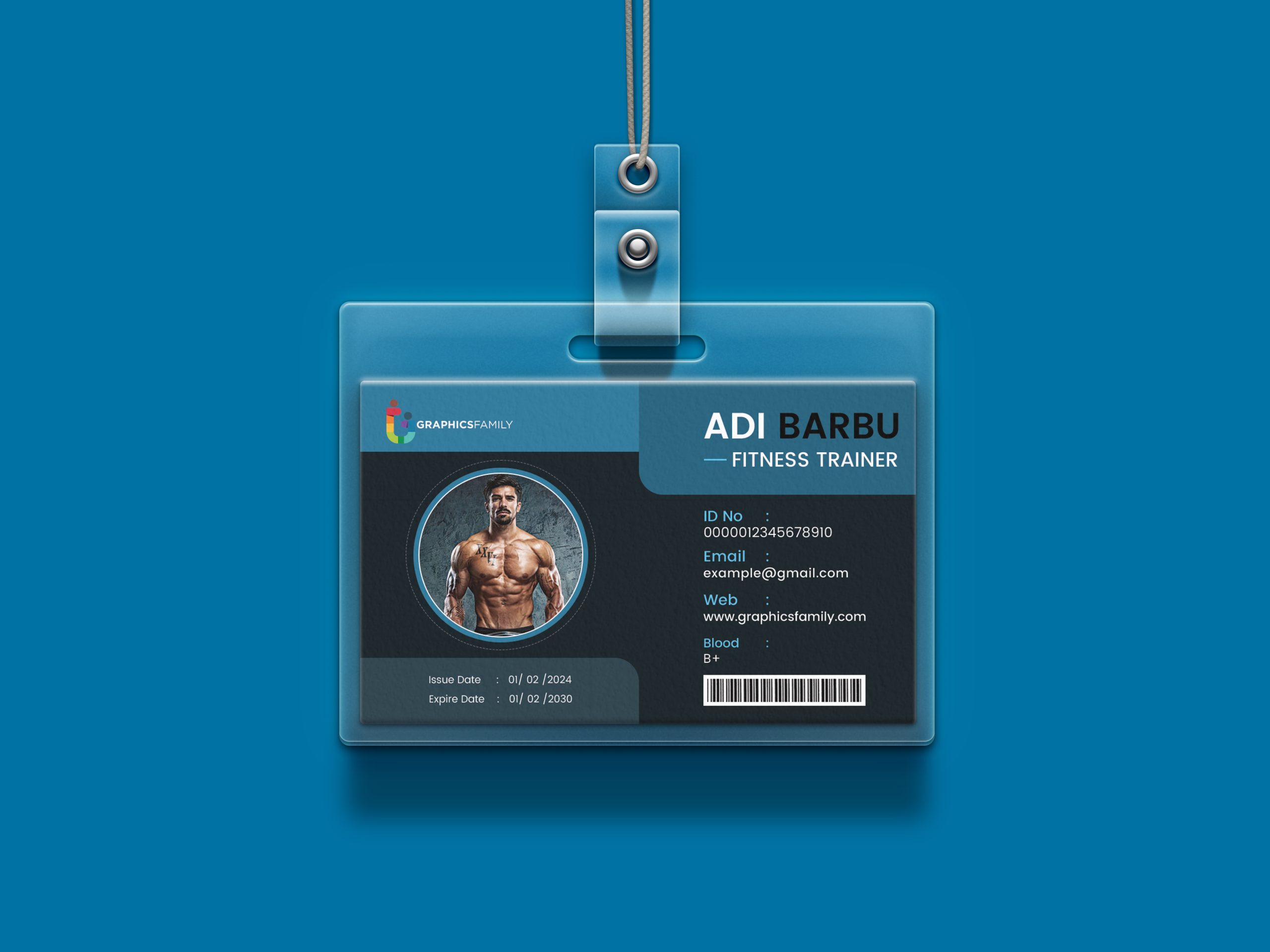 Flat gym and fitness employee horizontal identity card template