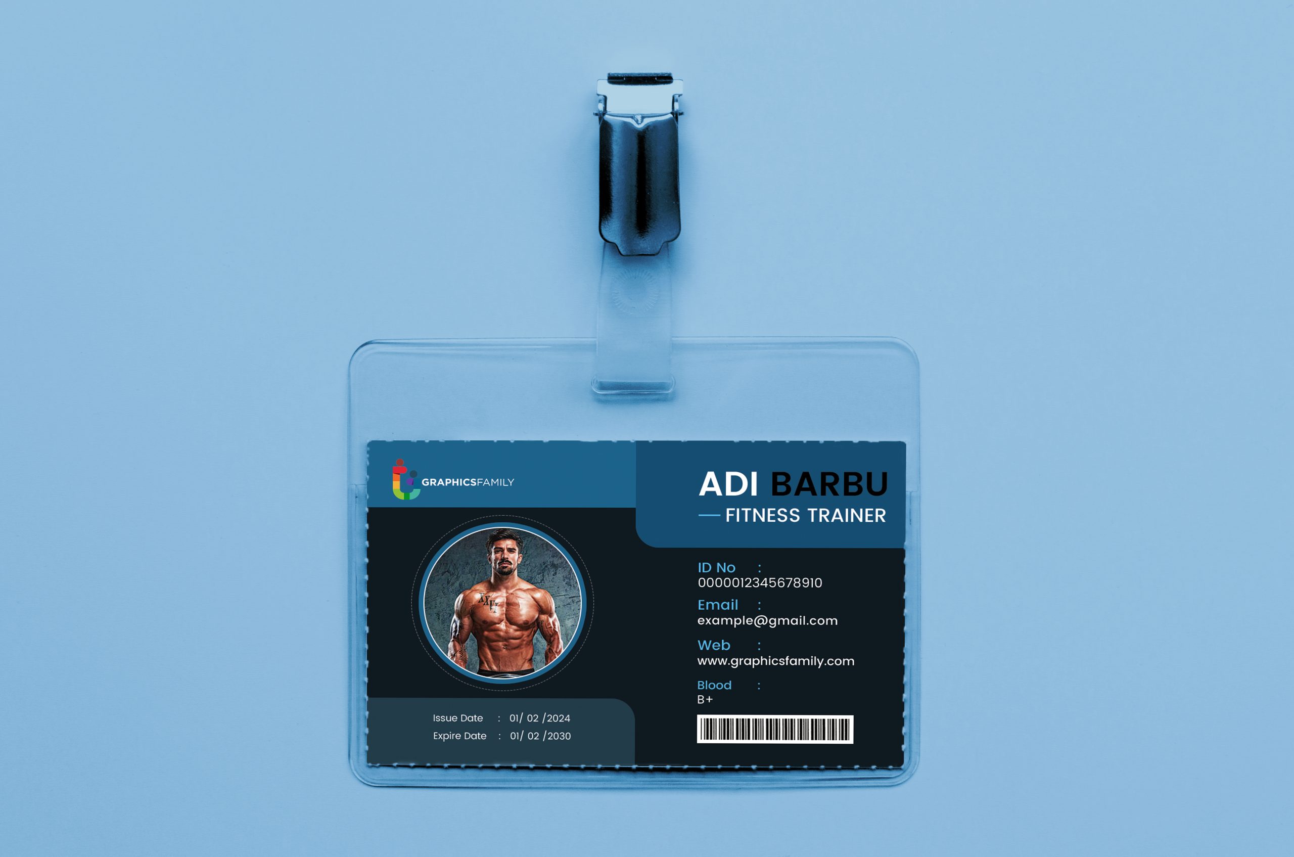 Flat gym and fitness employee horizontal identity card template